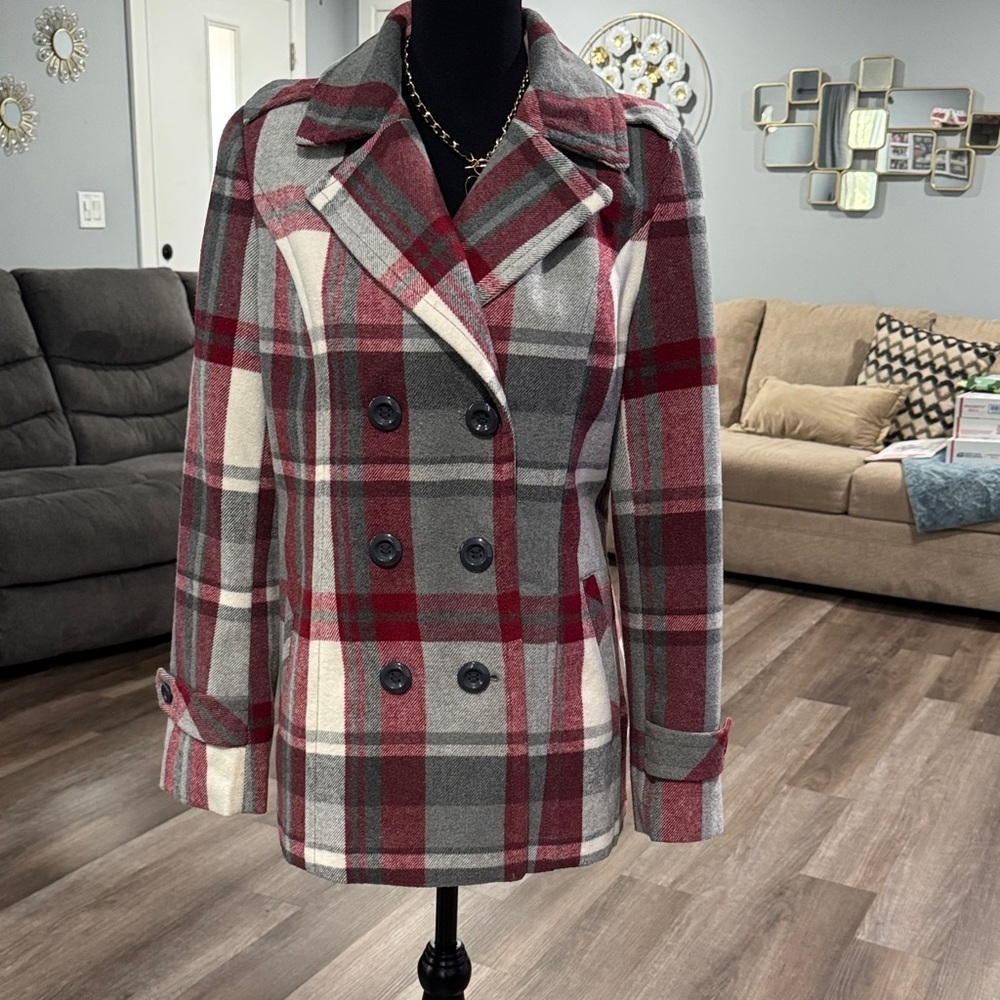 Attention Burgundy and Gray Plaid Pea Coat